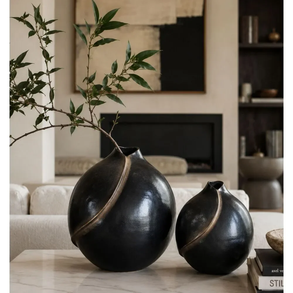 Handcrafted Metal Vase 2 | Black Sculptural Round Vases | Modern Home Decor